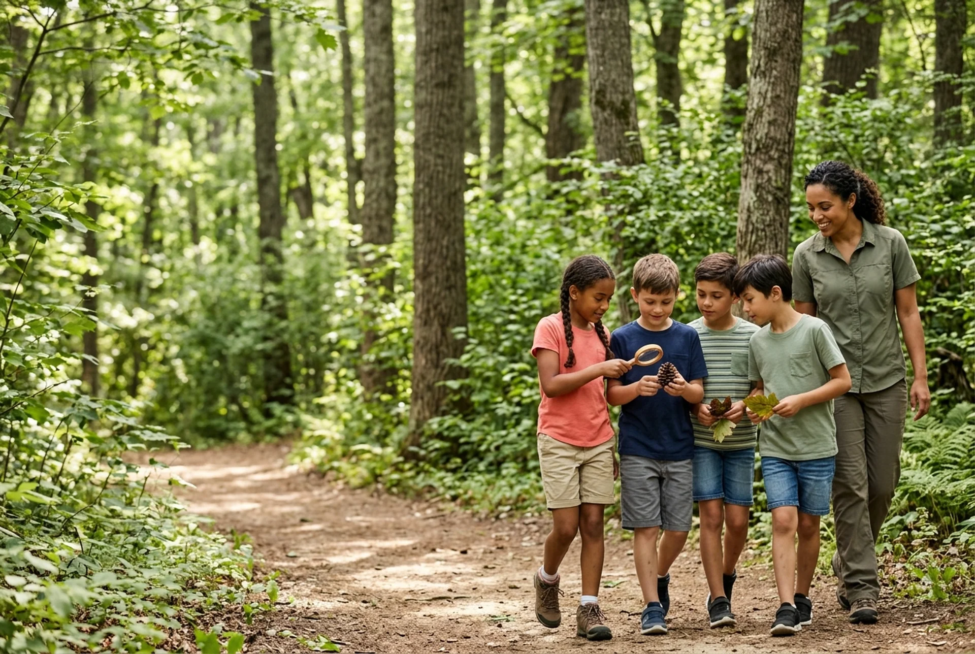 AI-generated illustrative image — Representative summer-camp scene of school-age children making a discovery on a wooded trail