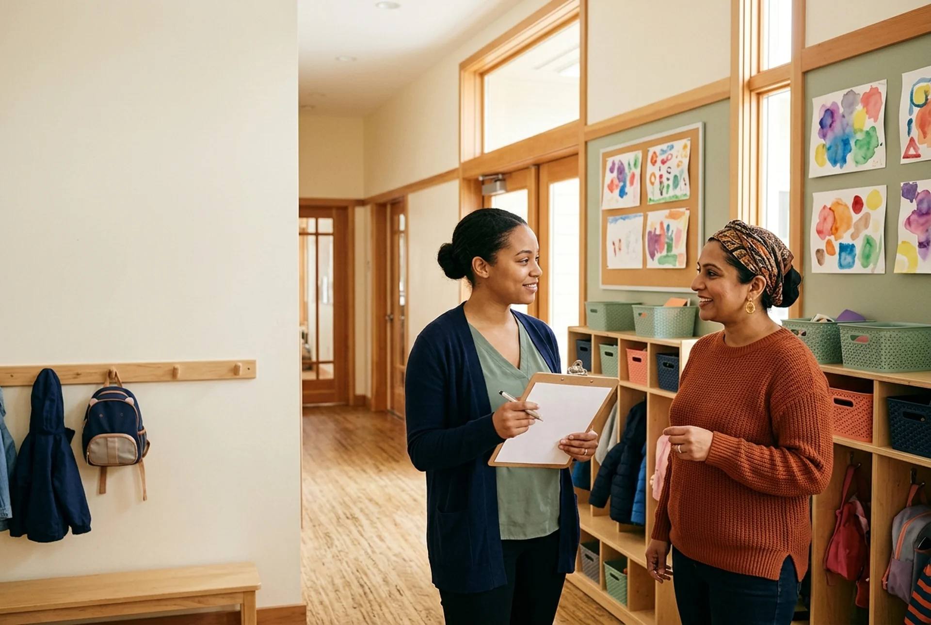 AI-generated illustrative image — Two early childhood educators talking quietly in a hallway between classrooms